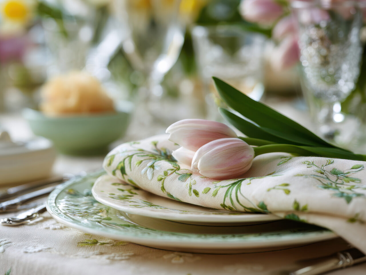 Frühlingshafte Tischdeko mit Tulpen auf einem Teller